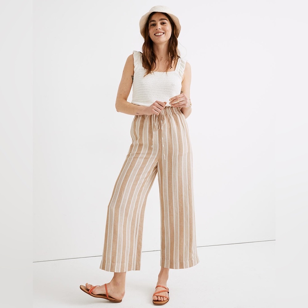 Madewell Smocked Linen Blend Striped Huston Pull-On Crop Pants
